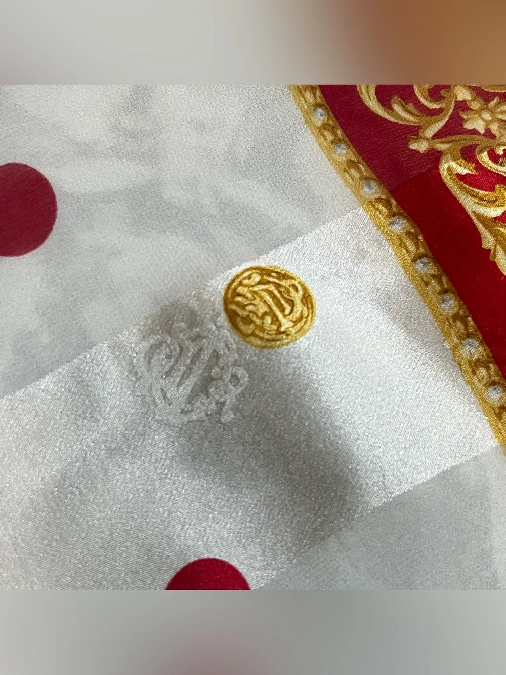 Dior Vintage Silk Chiffon Scarf Red Gold Polka Dot Crown Filigree Jacquard 32